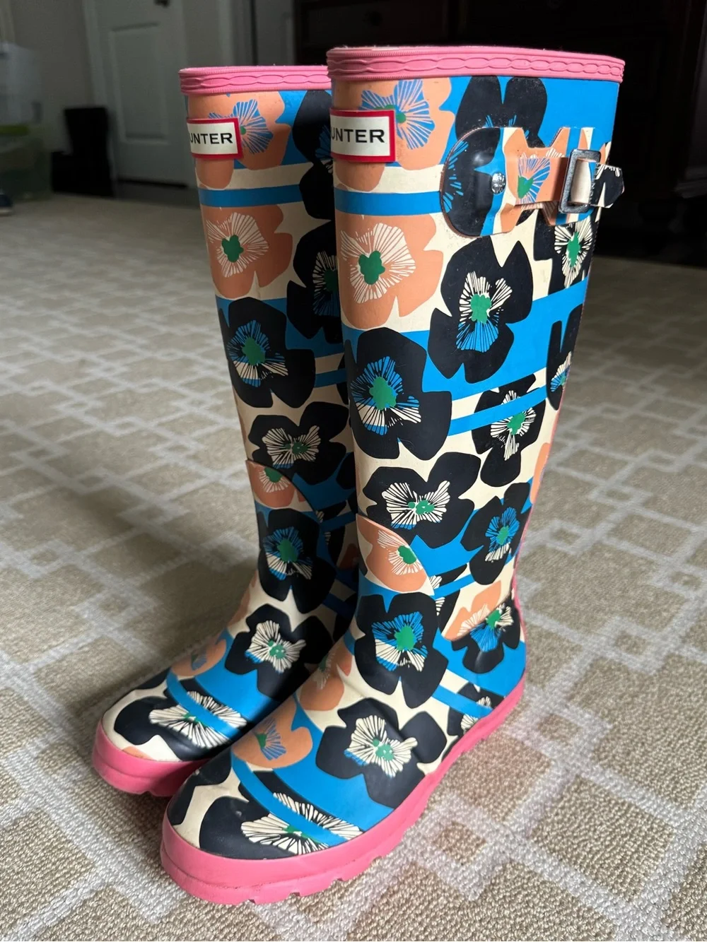 Hunter Original Tall Floral Print Rain Boots Waterproof Pink Blue Women’s US 7
